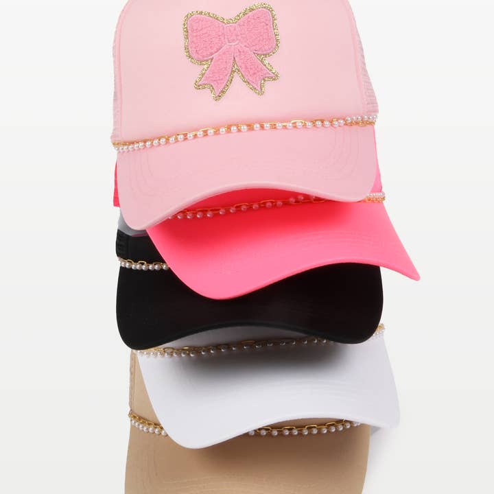 CHENILLE PINK BOW METAL CHAIN WITH MINI PEARLS for wholesale by David And Young