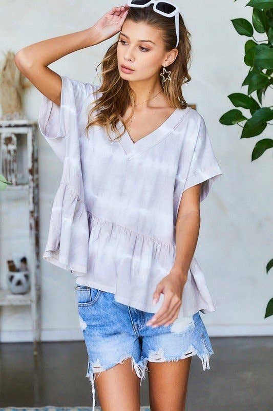 GREY V Neck Drop Shoulder Baby Doll Tie-Dye Top for wholesale on Faire7