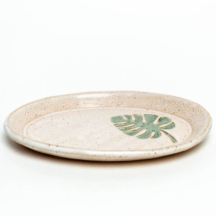 White Squirrel Clayworks - Wholesale Jewelry Dish - Monstera Pattern Handmade Ceramic White Oval Trinket Dish