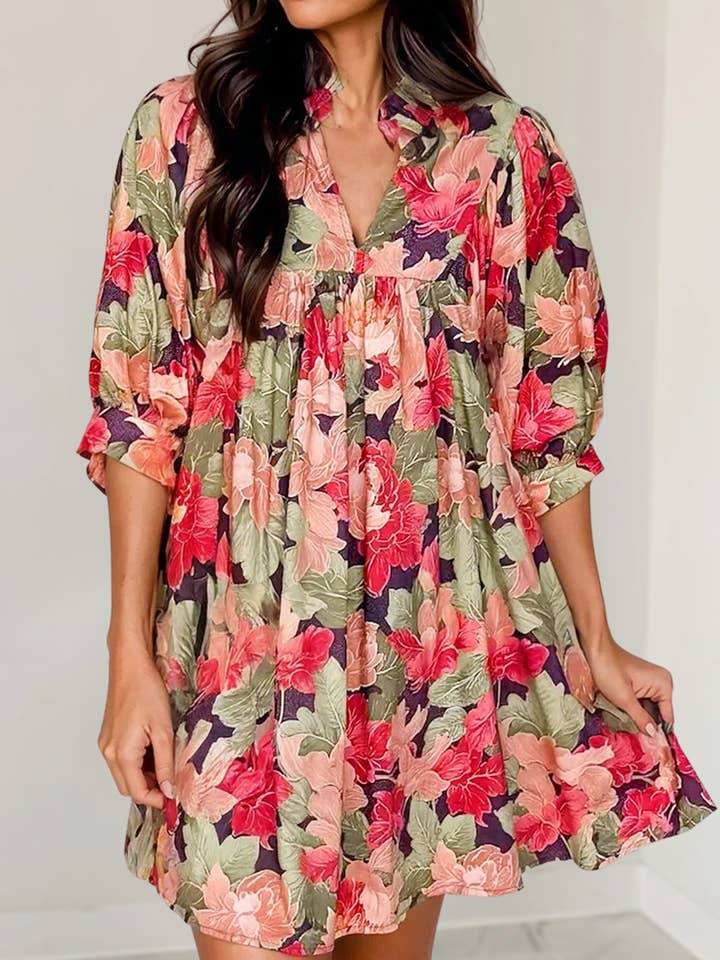 Floral Frilled Collar V Neck Half Sleeve Mini Dress | S-XL for wholesale by Aapparella