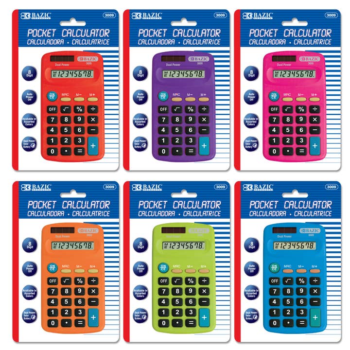 Pocket Size Calculator 8-Digit Dual Power for wholesale by BAZIC Products