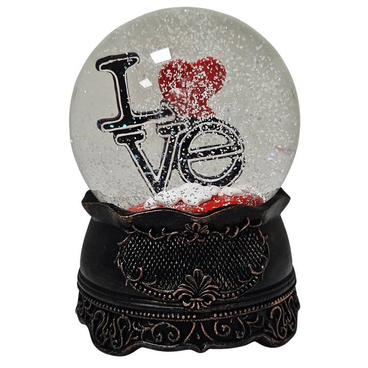 Palla di neve moderna del designer LOVE su base nostalgica con carillon diametro 100 mm per la vendita all'ingrosso da parte di Schneekugelhaus