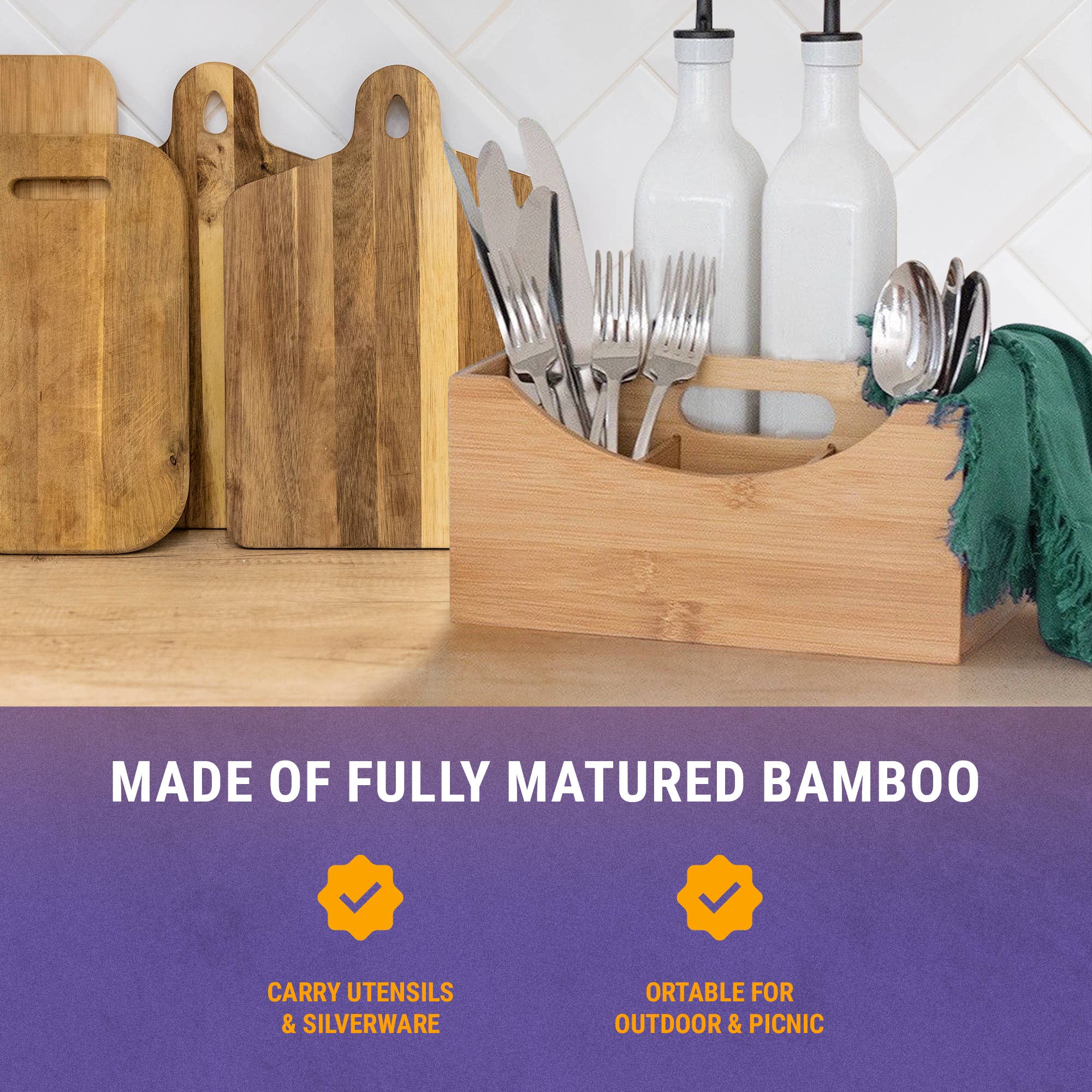 YBM HOME INC. - Vente Rangements/organisateurs de cuisine - Panier en bambou à 4 compartiments avec poignée, 2 tailles3