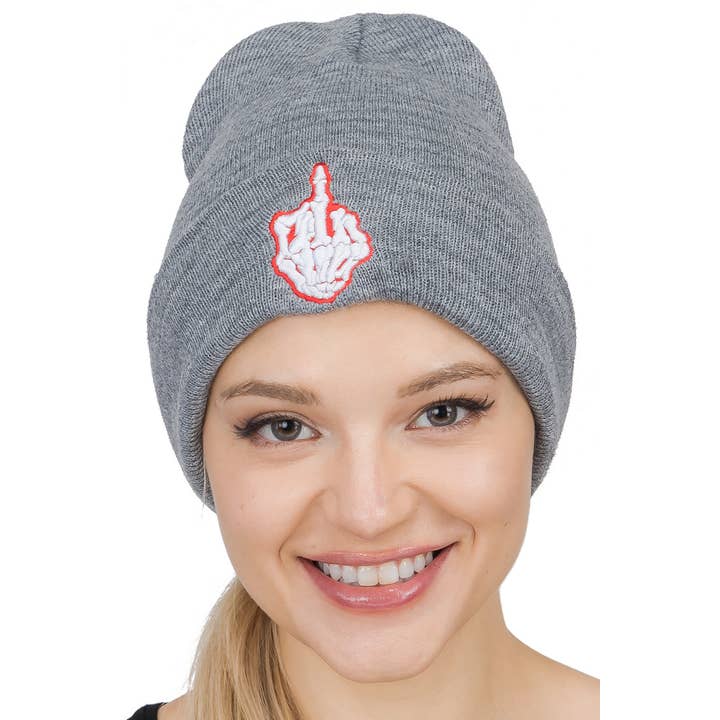 Cap Zone - Wholesale Beanie - Women's - Middle Finger Up Skeleton Cuffed Classic Beanie