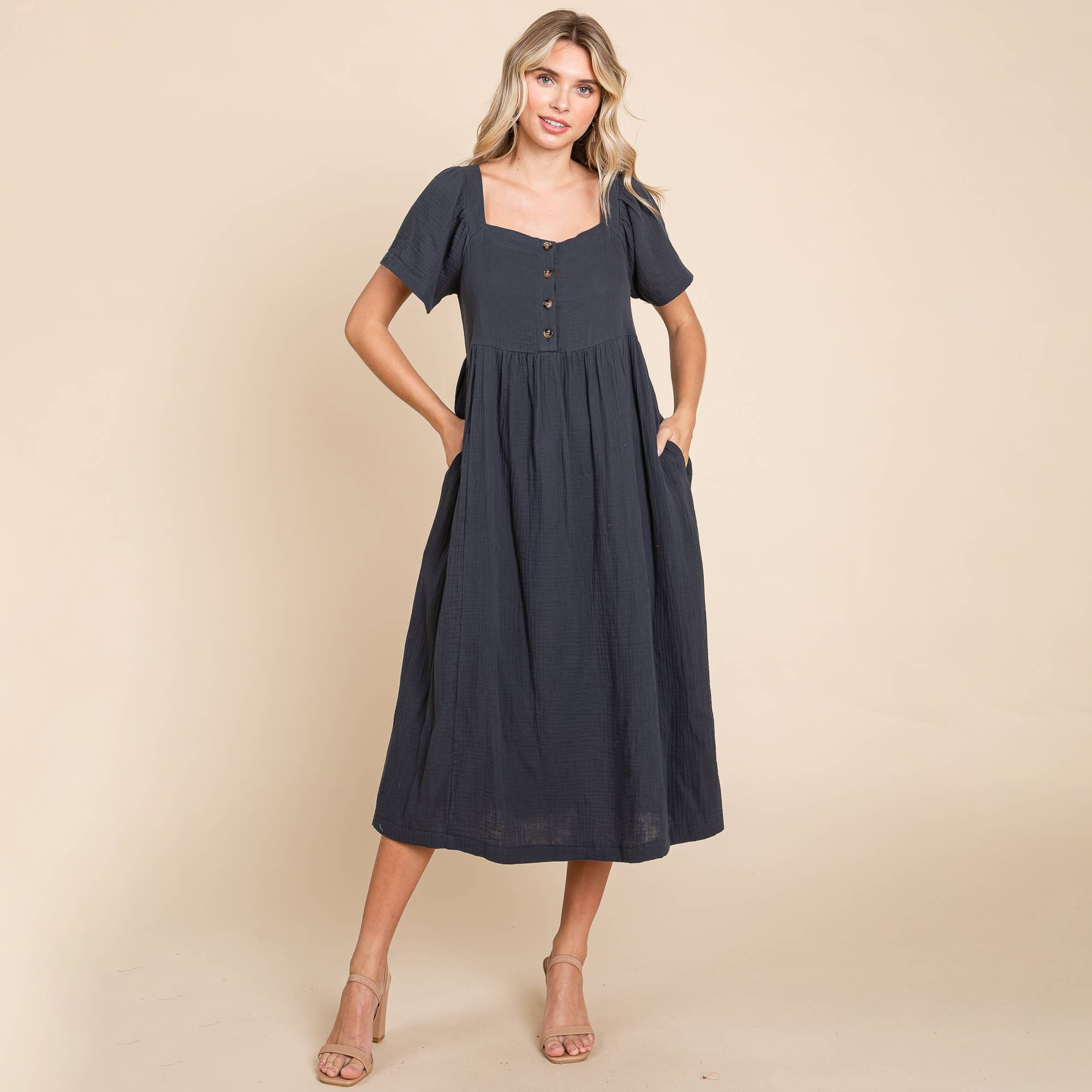 Wholesale Plus Double Gauze Square Neck Cotton Midi Dress for your store -  Faire