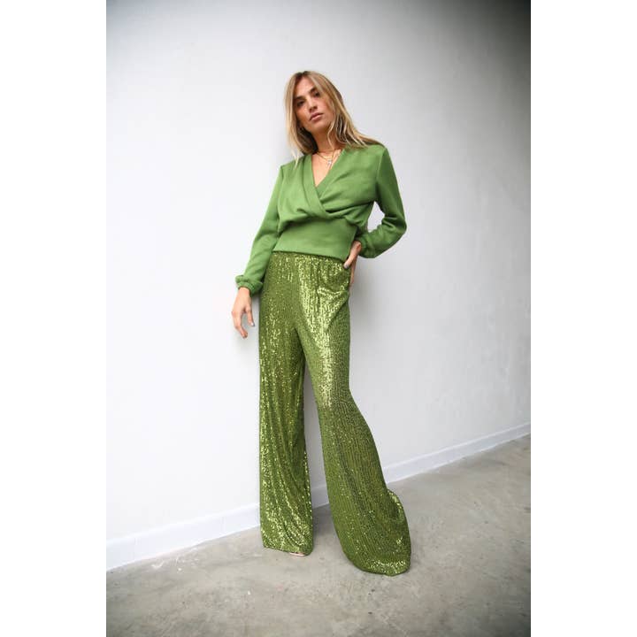 lentejuelas de pistacho W5052 Pantalones acampanados con lentejuelas color pistacho de venta al por mayor en Faire
