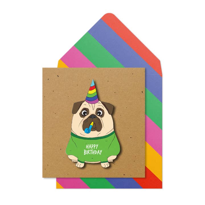 Happy Birthday Pug, Handmade Greeting Card for wholesale by Tache