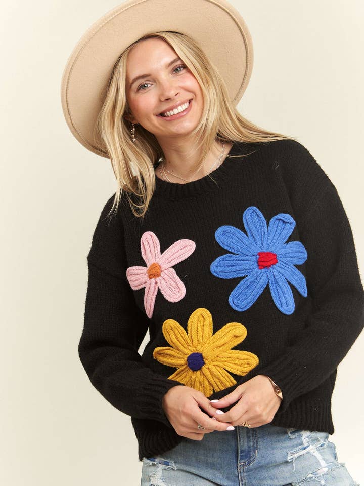 Madelyn - Wholesale Knit Sweater - Women's - LESW3598-BIG FLOWER PATCH SWEATER TOP
