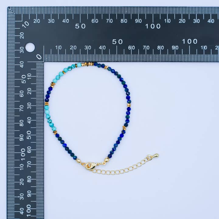 Aim Eternal - Wholesale Beaded Bracelet - 24K Gold Filled Lapis Lazuli Turquoise Gemstone 7.5 Inch Bracelet | WA-28841