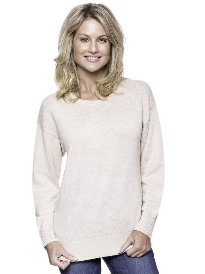 Cashmere Blend Crew Neck Sweater with Drop Shoulder - Oatmeal for wholesale by Tocco Reale
