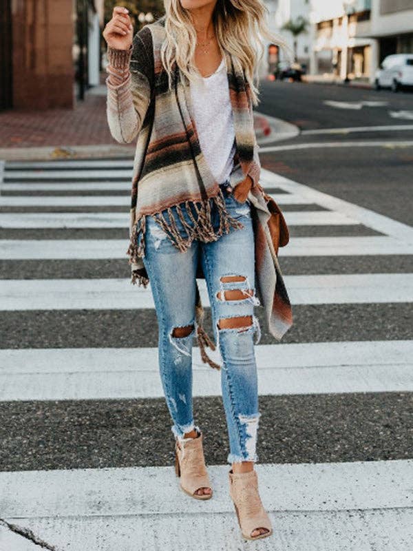 APPELSIN Løs cardigan med lange ærmer, knapper, striber og frynset krave for engroshandel på Faire4