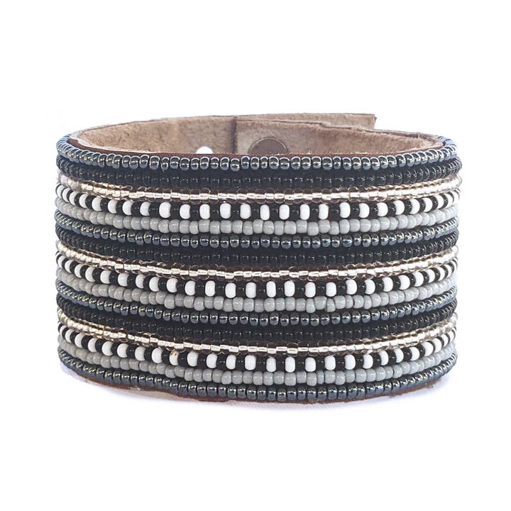 Large Stripes Twilight Beaded Leather Cuff for wholesale by Swahili Coast