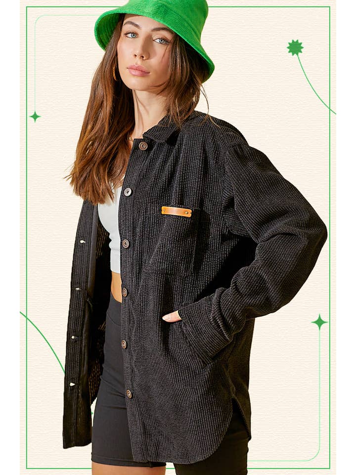 La Miel - Wholesale Shirt Jacket/Shacket - Women's - JKT1767-Loose Fit Button Down Corduroy Shacket with Pockets4
