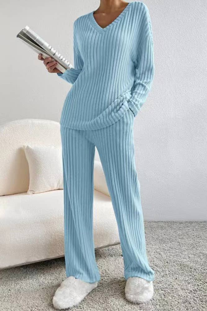 UNISHE - Wholesale Lounge Set - Women's - Plain V Neck Rib Long Sleeves Top With Pants 2pcs Set ZK56010