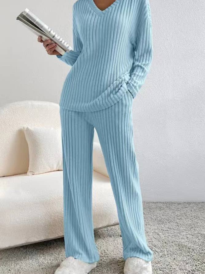 UNISHE - Wholesale Lounge Set - Women's - Plain V Neck Rib Long Sleeves Top With Pants 2pcs Set ZK56010