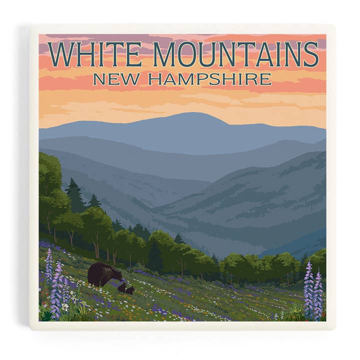 CERAMIC COASTER New Hampshire, Bear and Spring Flowers for wholesale by Lantern Press