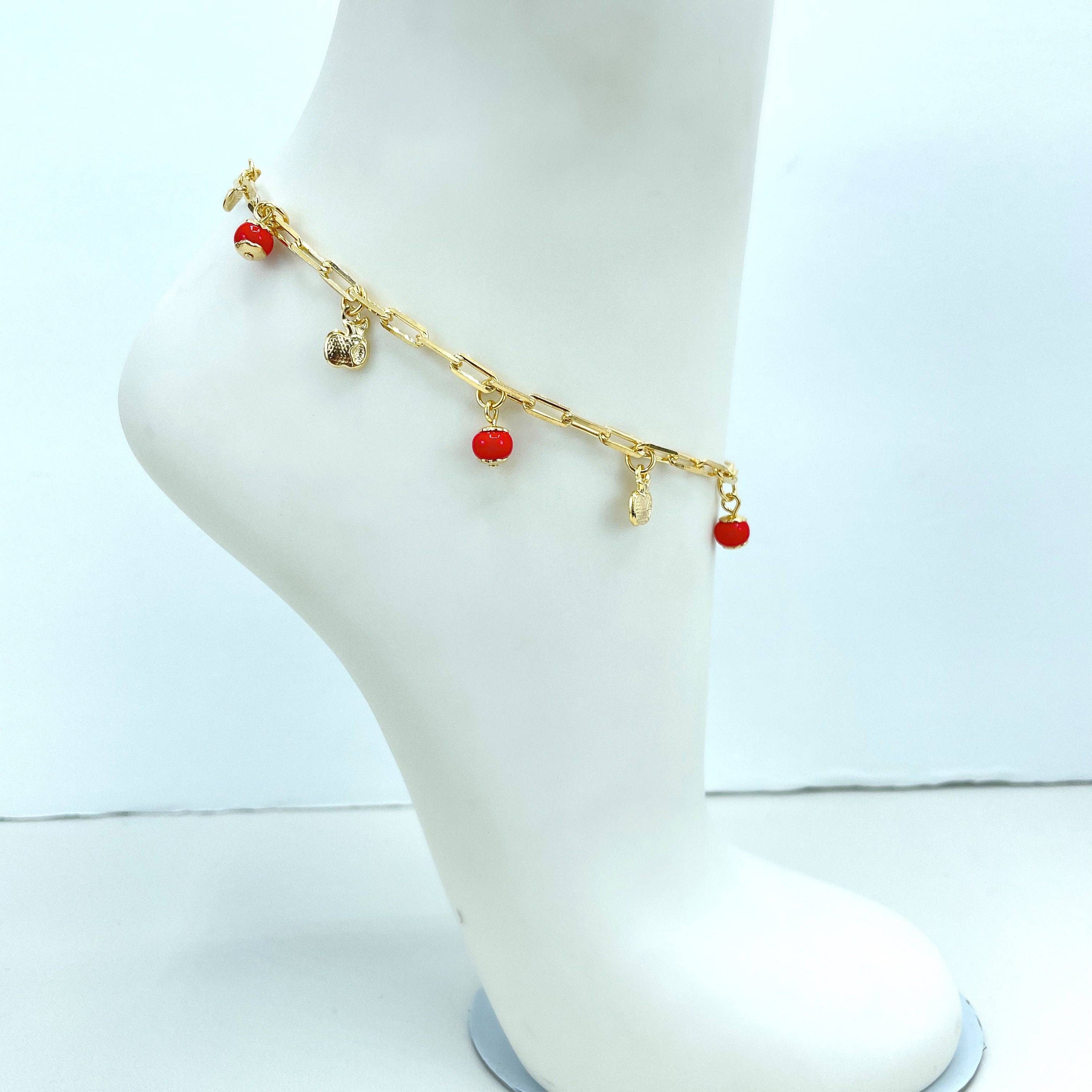 DIJU Jewelry - Wholesale Anklet - 18k Gold Filled Anklet, 3mm Paperclip Chain with Cute Dangle Gold Apples & Red Beads, Wholesale Price Jewelry1