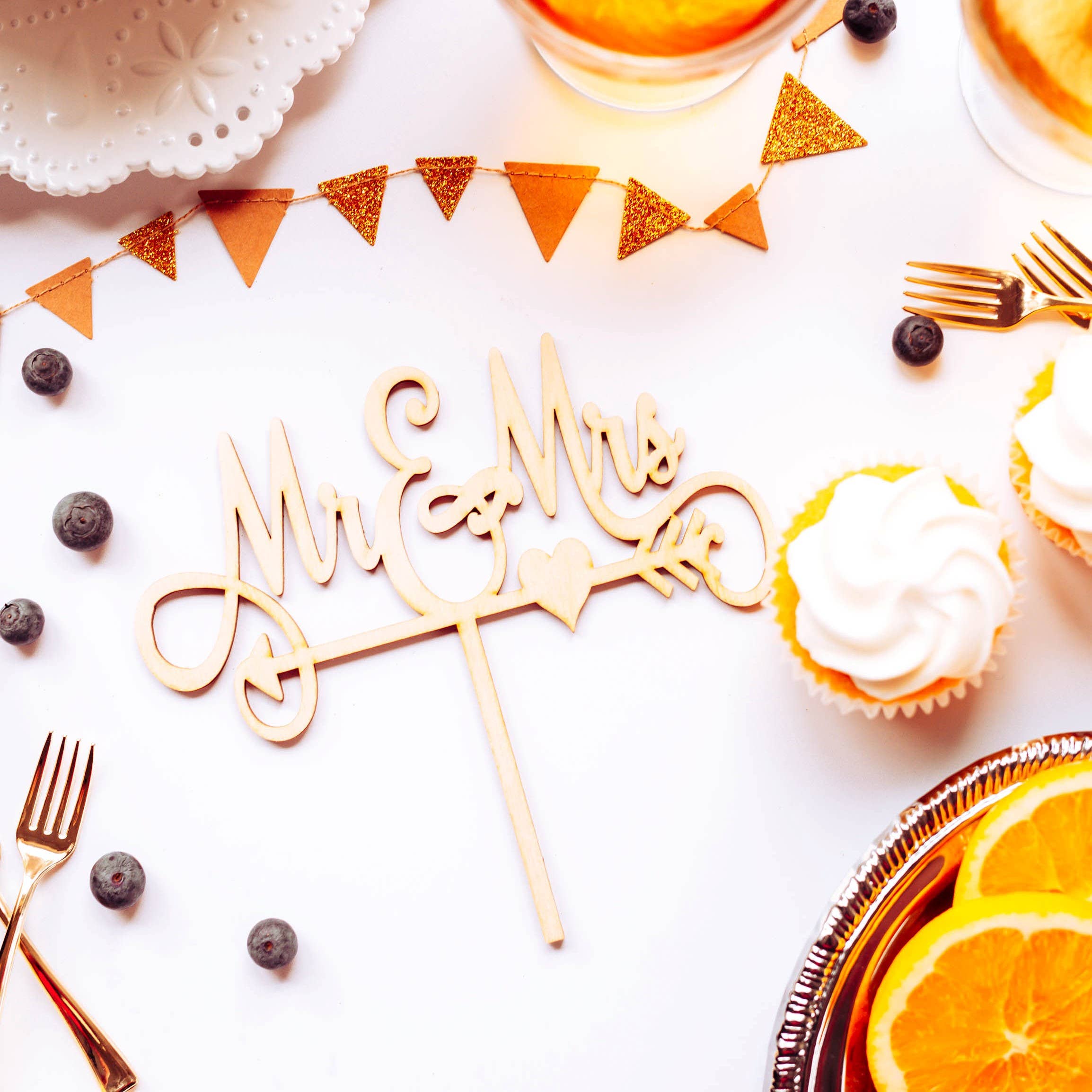 Sugar Crush Co - Wholesale Cake/Cupcake Topper - Mr and Mrs Wedding Cake Topper with Arrow in Wood