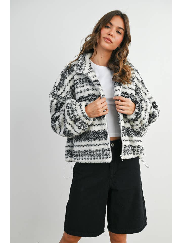 BUTTERMELON - Wholesale Jacket - Women's - Fuzzy Fleece Zip-Front Patterned Jacket - BMJ780732