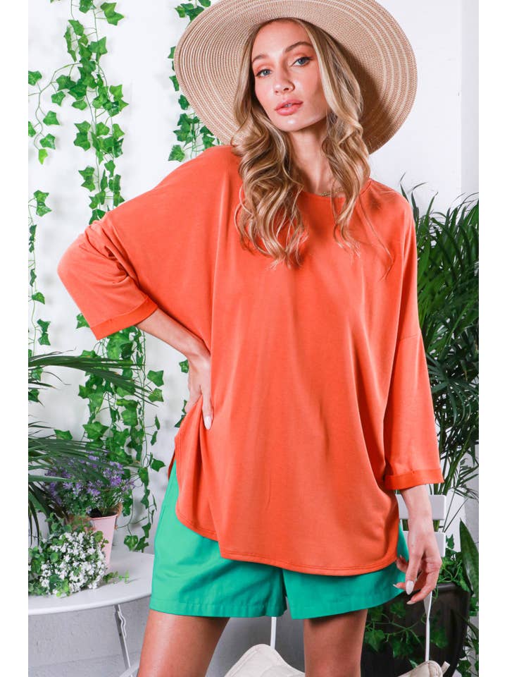 Vine & Love - Vente Haut en maille – femme - Haut en tricot cupro 3/4 à col rond et manches retroussées VT818109