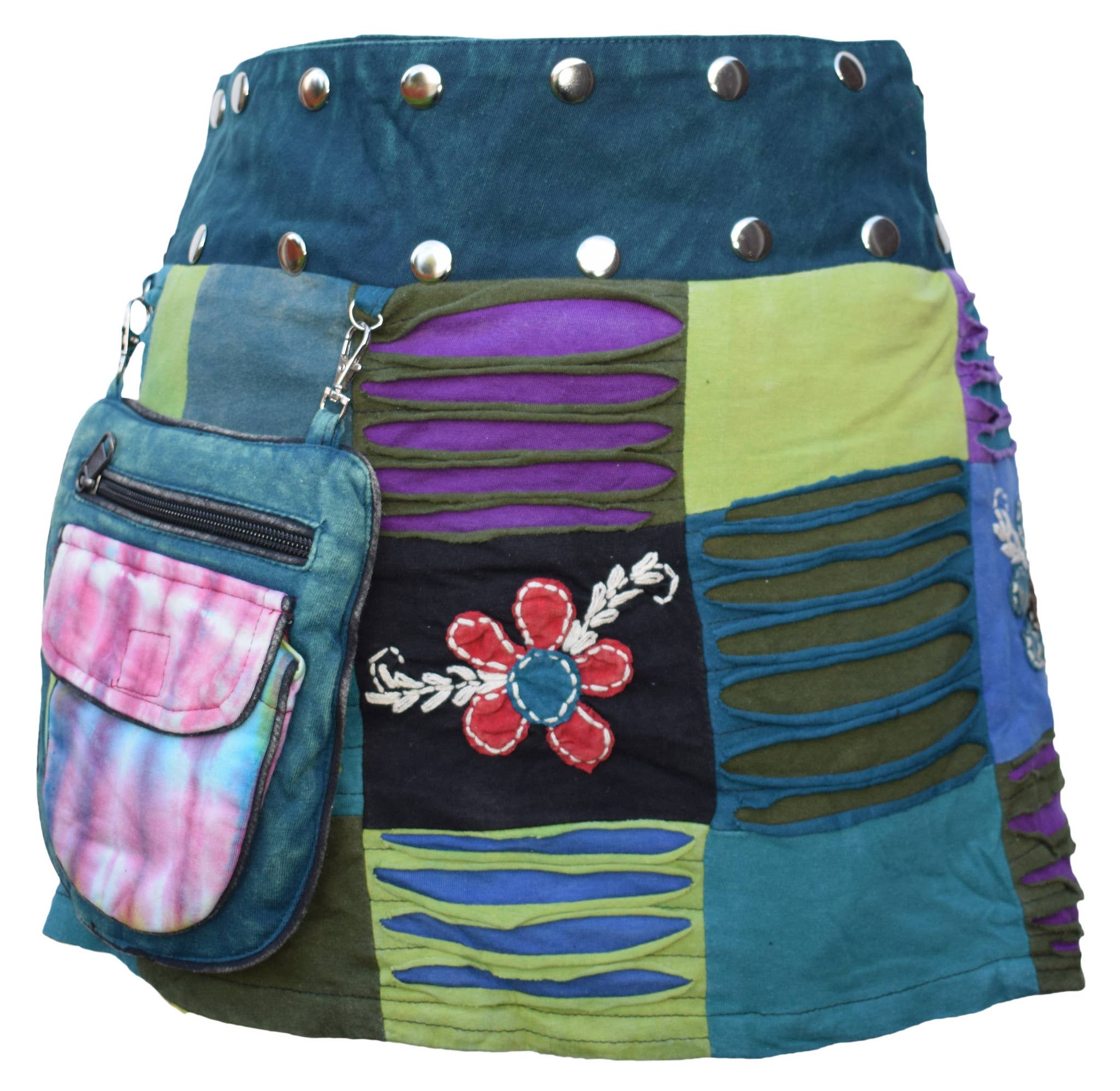 Gheri - Wholesale Skirt - Women's - Reversible Embroidery Patchwork Boho Short Popper Mini Skirt2