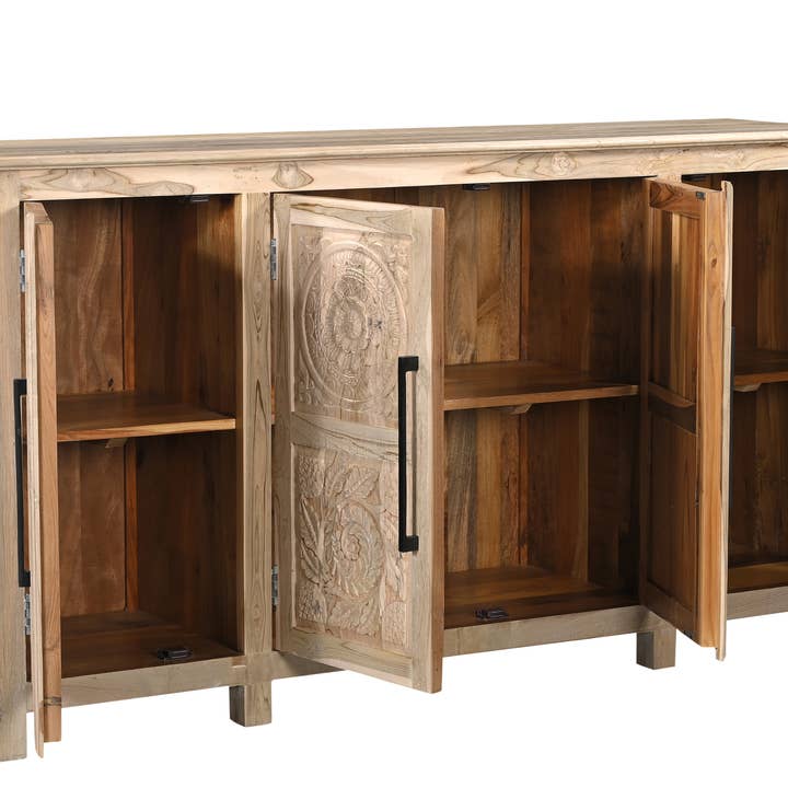 HomeRoots - Wholesale Sideboard - 74" Natural Distressed Solid Wood Carved Floral Sideboard with Four Doors3