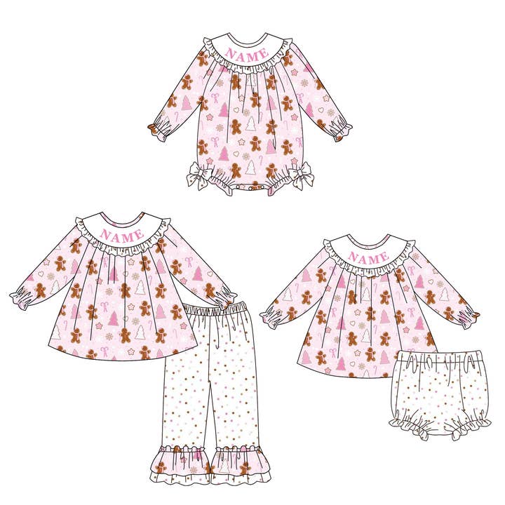 Christmas Smocked Embroidery Custom Name Gingerbread Outfit Collection for wholesale by Auraquise