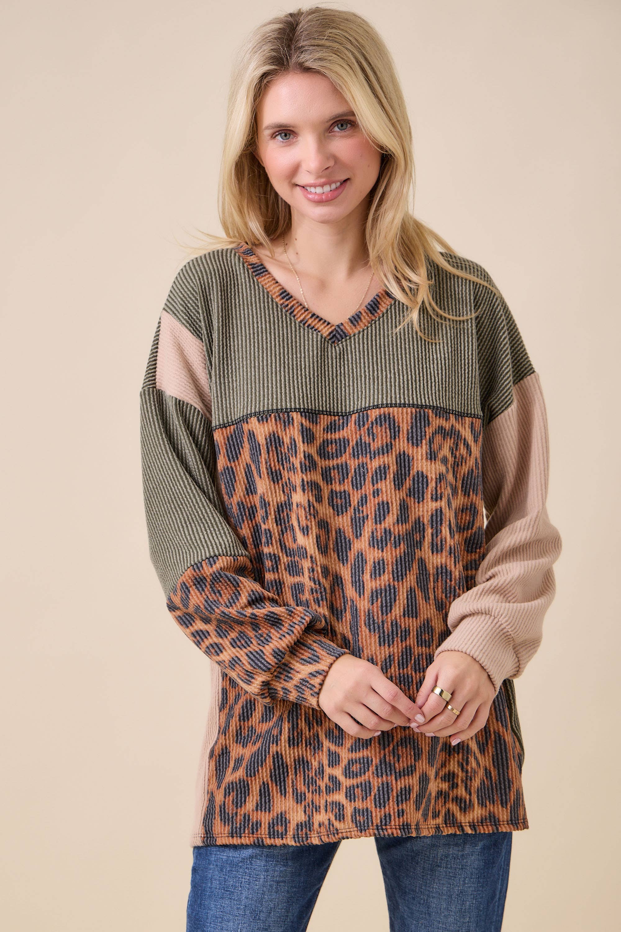 Celeste Clothing - Wholesale Knit Top - Women's - WOMEN'S RIB COLOR BLOCK ANIMAL PRINT LONG SLEEVE TOP5