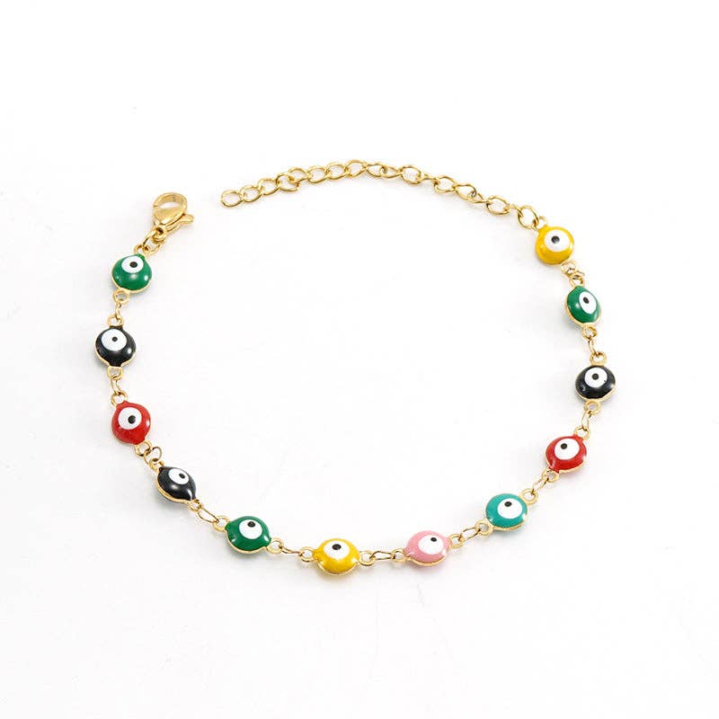 Mio Queena - Wholesale Charm/Dangle Bracelet - Enamel Evil Eye 18k Gold Plated Stainless Steel Bracelet-FGS0