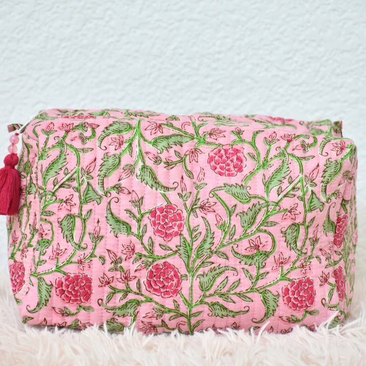 Quilted Cotton Travel Pouch – Pink Bloom Block Print for wholesale by House of Alaan