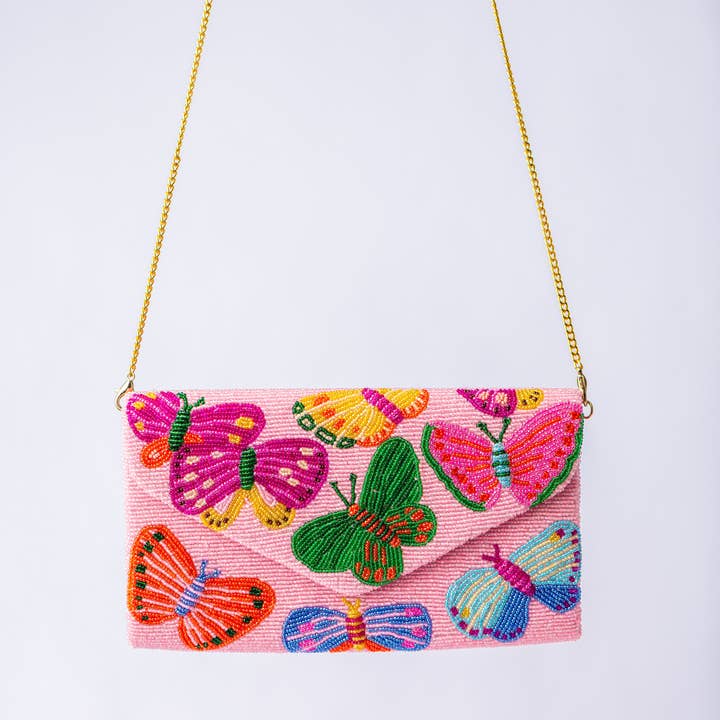 Busy Butterfly Pink Clutch Bag for wholesale by Pria Handmade Accessories