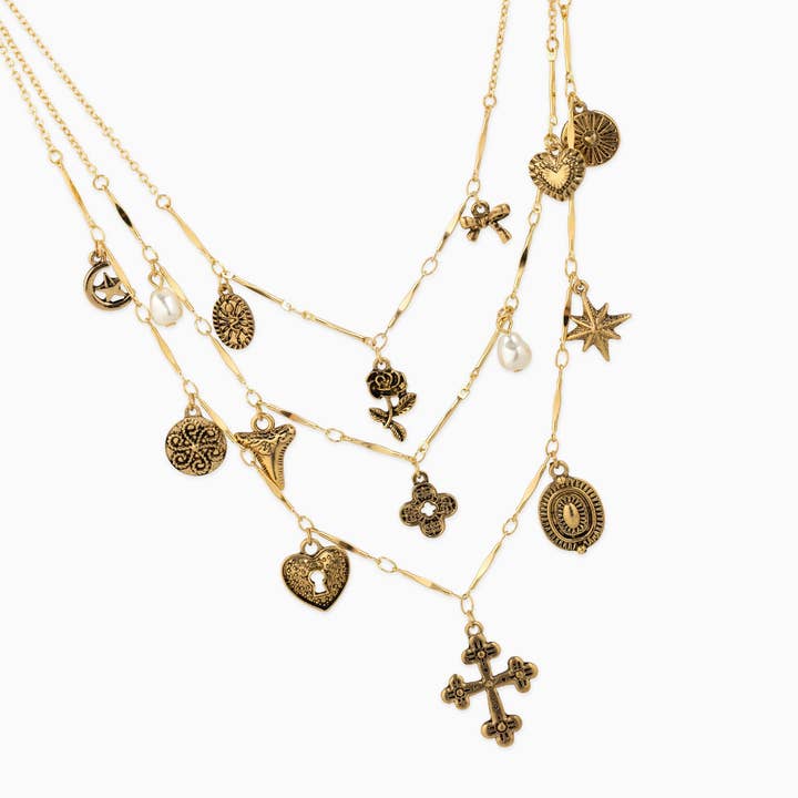 Sessori - Wholesale Pendant/Charm Necklace - 3 Layered Vintage Antique Cross Rose Necklaces