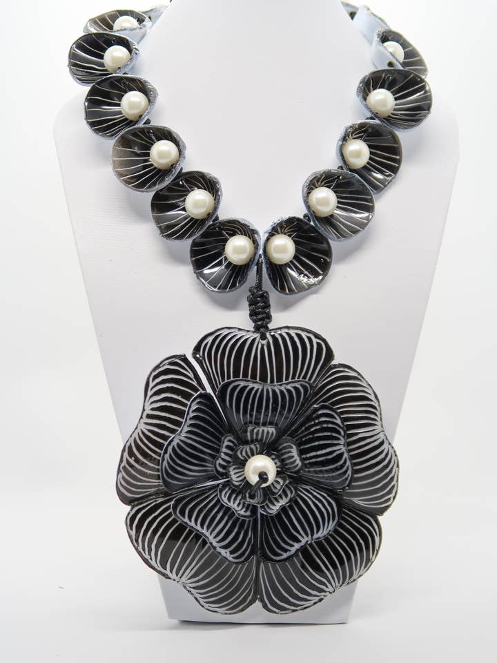 Recycled plastic Big Flower Pendant With Faux pearl Necklace for wholesale by Jianhui London