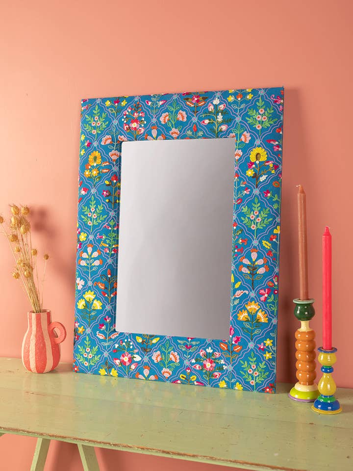 Blue Embroidered Cotton Wall Mirror for wholesale by Ian Snow Ltd
