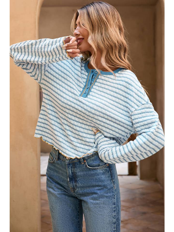 Little Daisy Closet - Wholesale Knit Top - Women's - LDC Stripe Frilly Trim Buttons Henley Long Sleeve Top