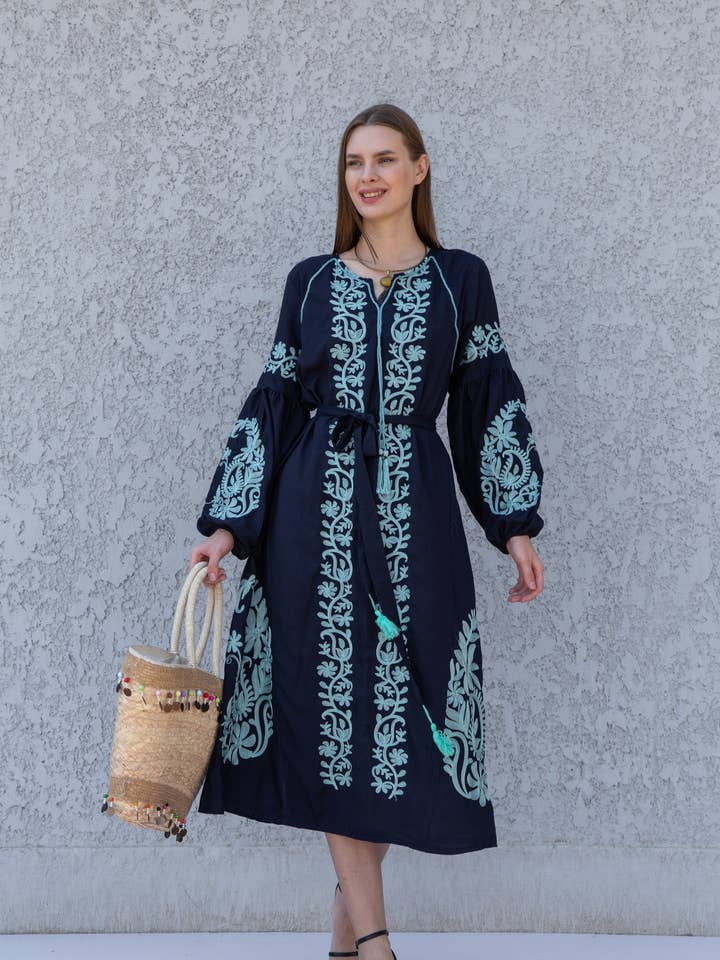 Beautiful embroidered navy blue cotton kaftan dress, tunic dress, caftans for women, Egyptian cotton. Summer caftan, party, casual dress for wholesale by Gipci