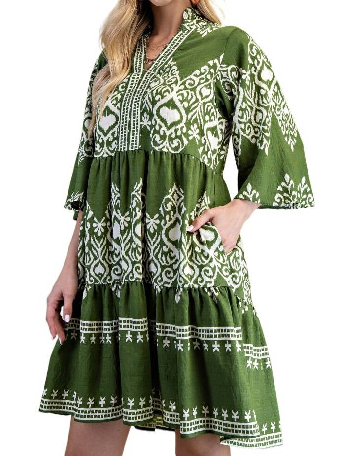 Printed Tiered Dress With 3/4 Length Bell Sleeves for wholesale by Vanilla Monkey