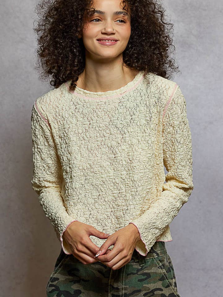 Round neck long sleeve overlock stitch solid lace woven top for wholesale by Pol Clothing