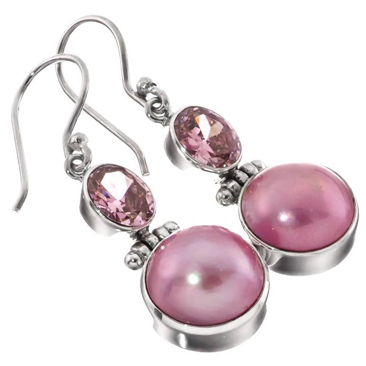 FifiRose - Wholesale Dangle Earrings - 925 sterling silver ocean cultured mabe pearl pink cz sterling earrings, 1"