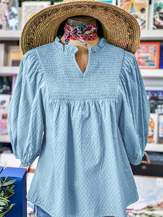 UNISHE - Wholesale Blouse - Women's - Textured V Neck Smocked Puffy Sleeves Blouse Top BBSP018