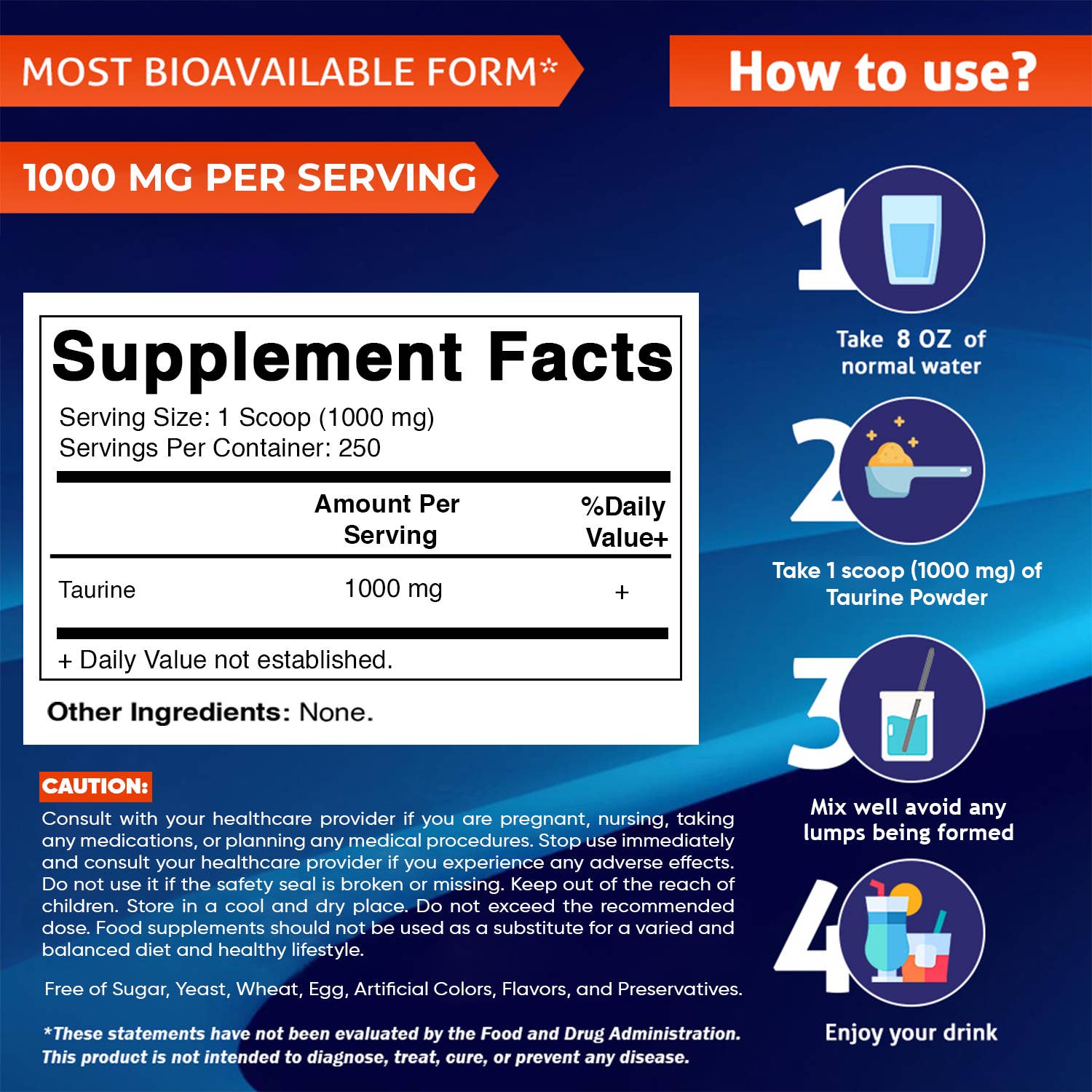 Vitamatic - Wholesale Oral Supplement/Vitamin - Vitamatic | Pure Taurine 1000mg |  250 Servings1