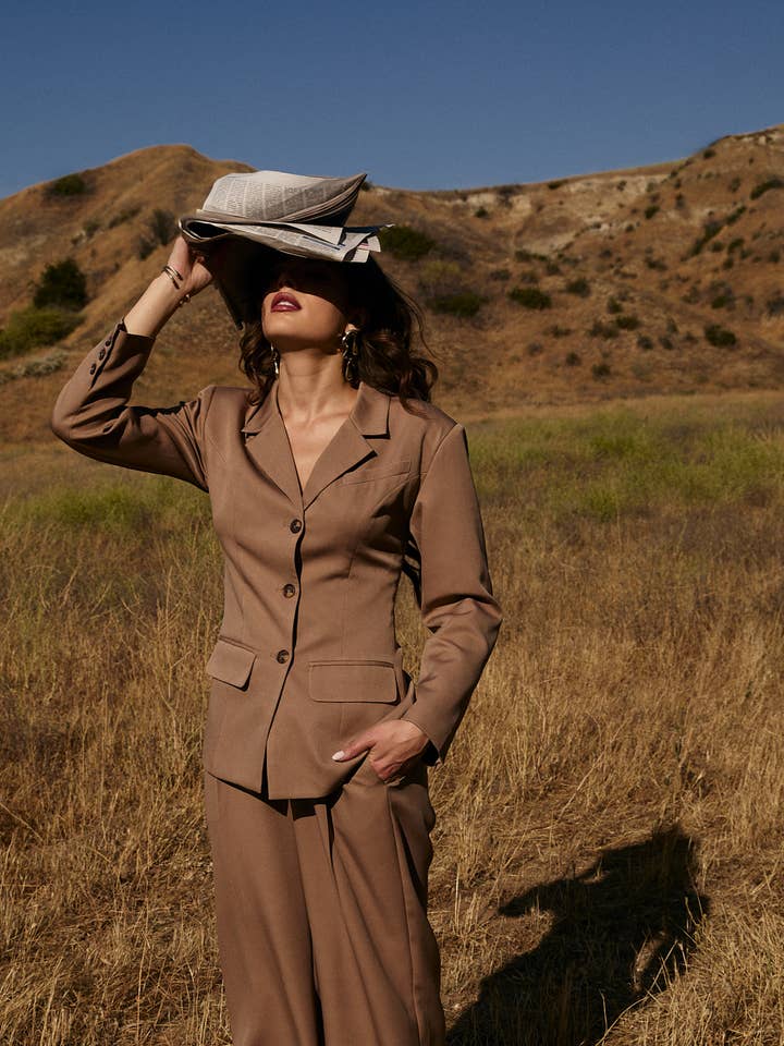 TAUPE STRUCTURED SHOULDER FIT & FLARE BLAZER for wholesale on Faire3