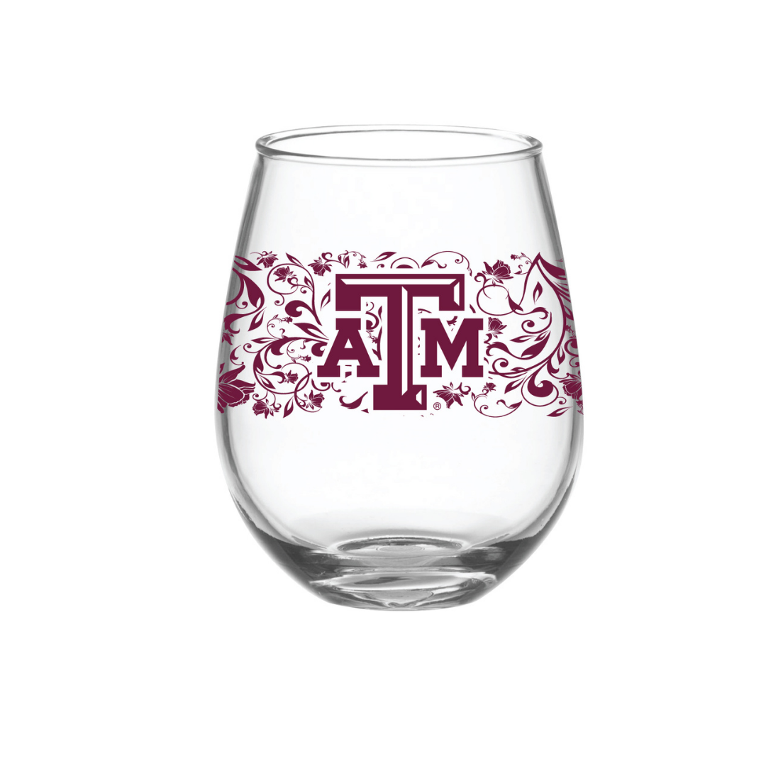 Indigo Falls - Wholesale Wine Glass - 15oz Texas A&M Aggies Floral Stemless Wine Glass0