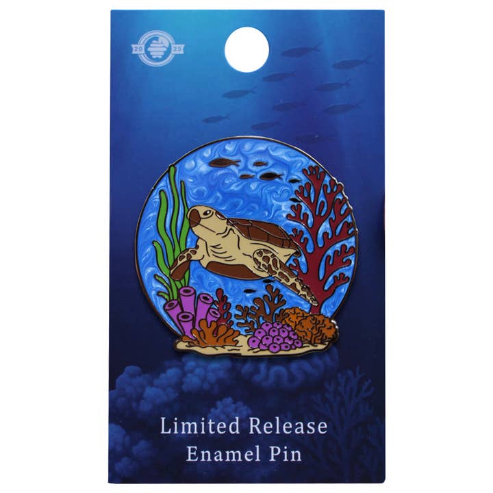 Green Sea Turtle Enamel Pin - Swimming in Coral Reef for wholesale by Pin Hive LLC
