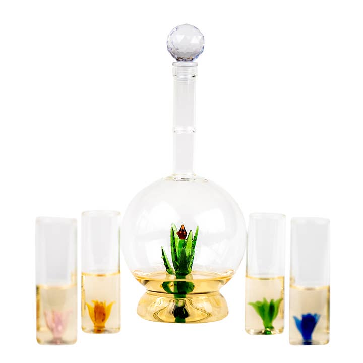 The Wine Savant / Khen Glassware - Wholesale Decanter - Tequila Aloe Decanter With Agave Plant & 4 Shot Glasses Set