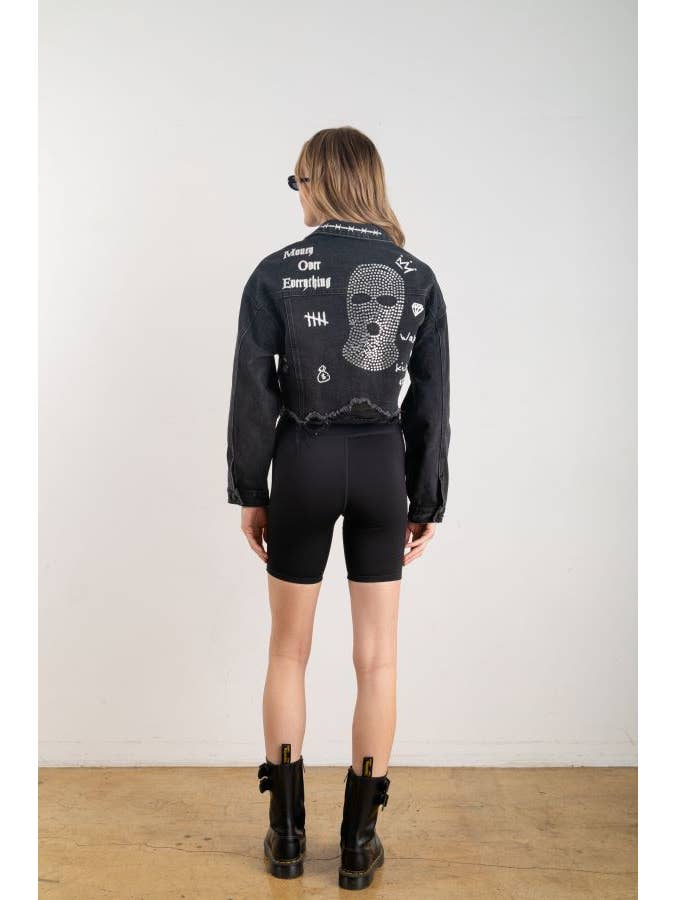 Trio Urban - Wholesale Denim Jacket - Women's - Ski Mask Rhinestones Crop Denim Jacket