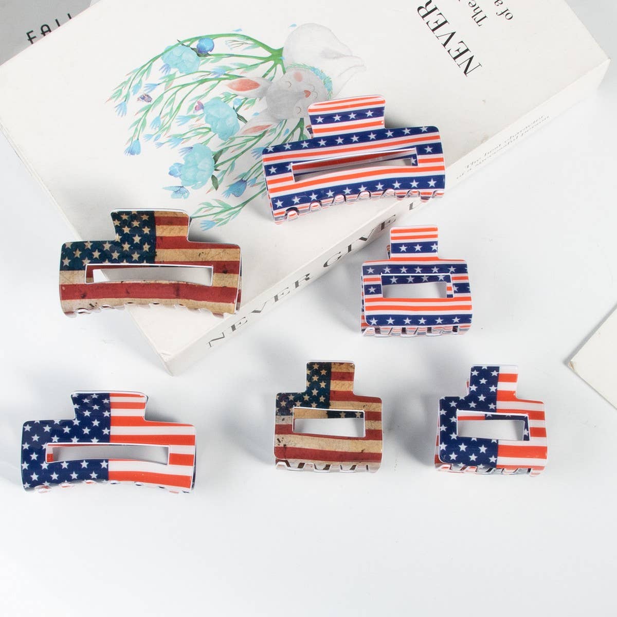 NINEXIS - Wholesale Hair Clip - Women's - CWAHA1244_4TH OF JULY FLAG 10CM RECTANGULAR HAIR CLAW CLIP4