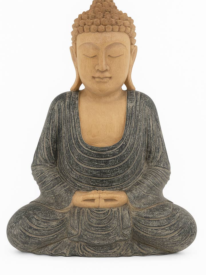 Estátua de Buda em Mudra Dhyana em Madeira de Suar com Lavagem Azul por atacado de The Bali Wood Co.