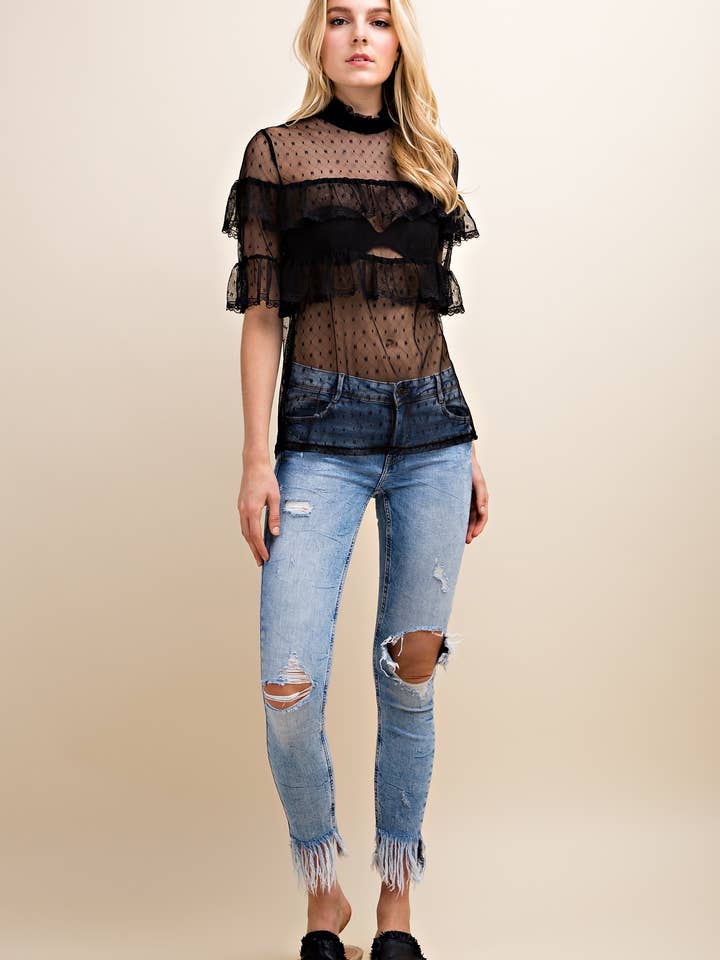 Short sleeve lace ruffle blouse for wholesale by Ambi Design