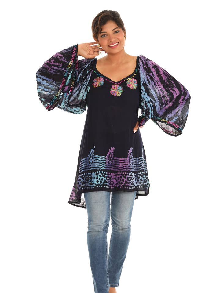 Three Quarter Sleeve Rayon Tunic with Floral Embroidered for wholesale by Shoreline Wear. INC